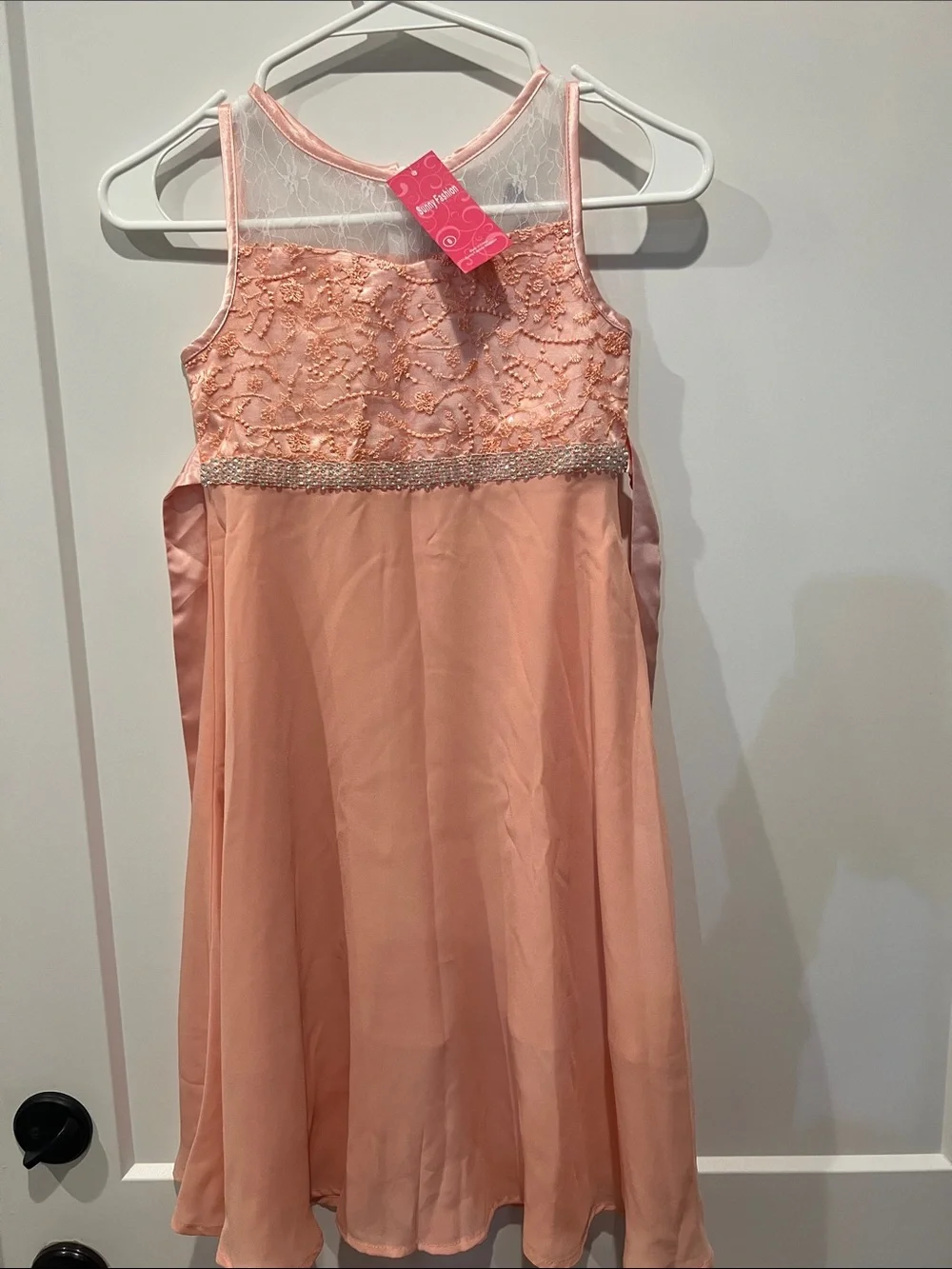 Sparkling Peach Lace & Bead A-Line Dress for Girls